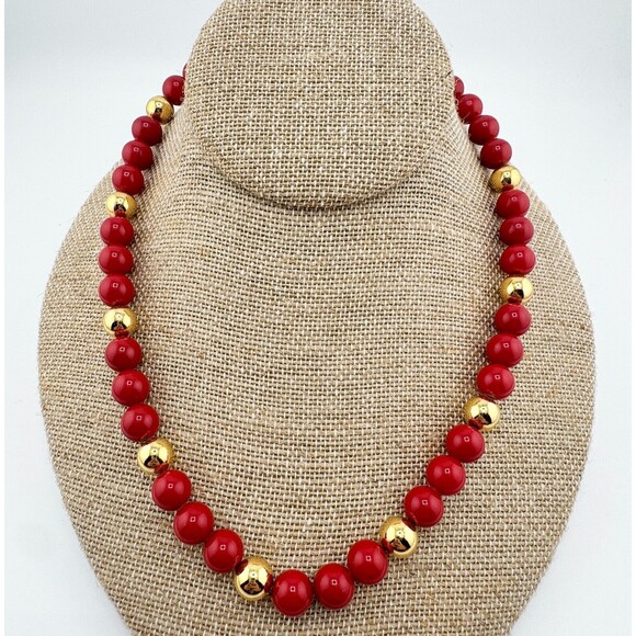 Napier Jewelry - Vintage Red Gold Tone Bead Necklace Signed Napier Collar Glam Elegance Retro
